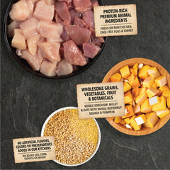 ACANA chicken-turkey-eggs ingredients remind of protein-rich meals for dogs.