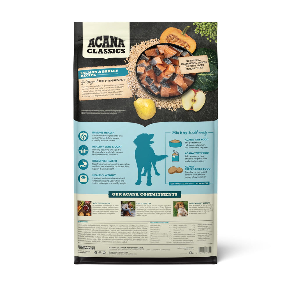 Close-up of ACANA Classics dry kibble showing wholesome grains and ingredients.