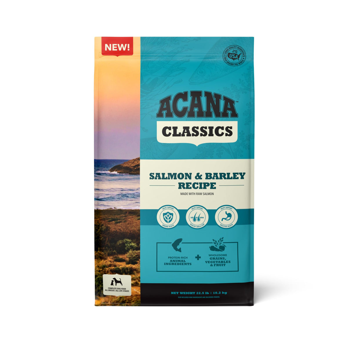 ACANA Classics Salmon & Barley kibble in bag, highlighting protein-rich salmon for active dogs.