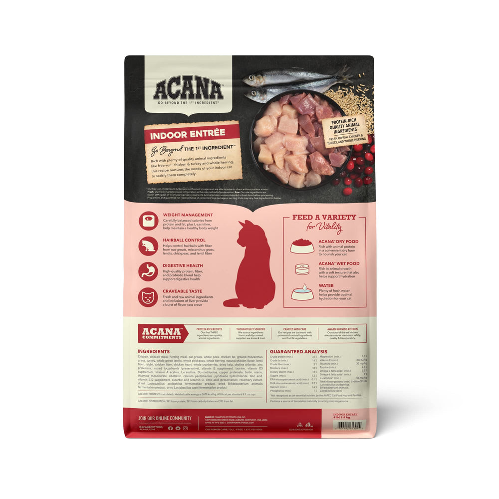 ACANA Indoor Entree kibble close-up highlighting high-protein nutrition for indoor cats