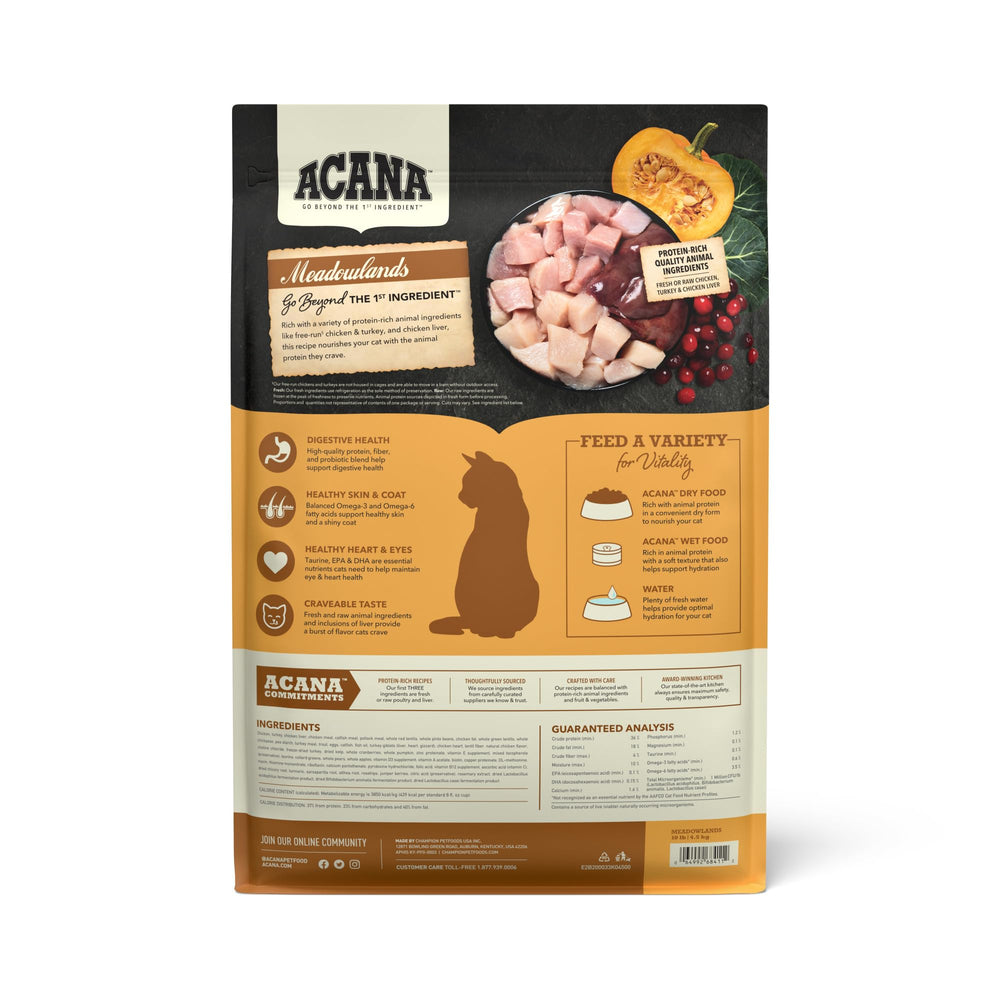Close-up of ACANA Meadowlands kibble showing bite-sized pieces