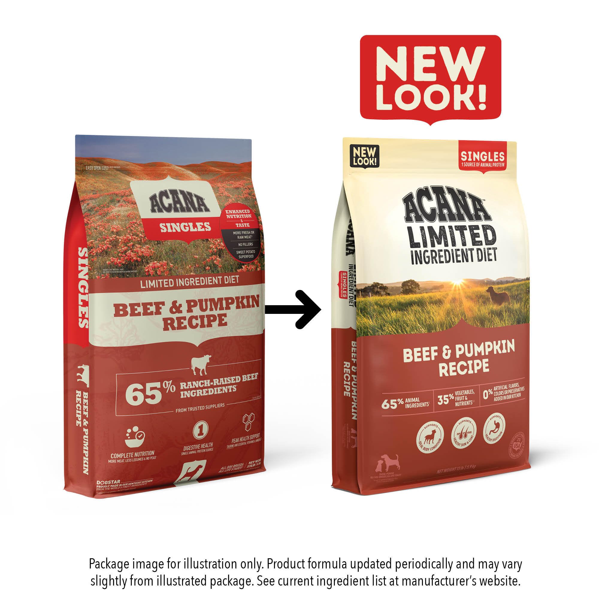 ACANA pumpkin and sweet potato blend image indicates fiber-rich digestive support.