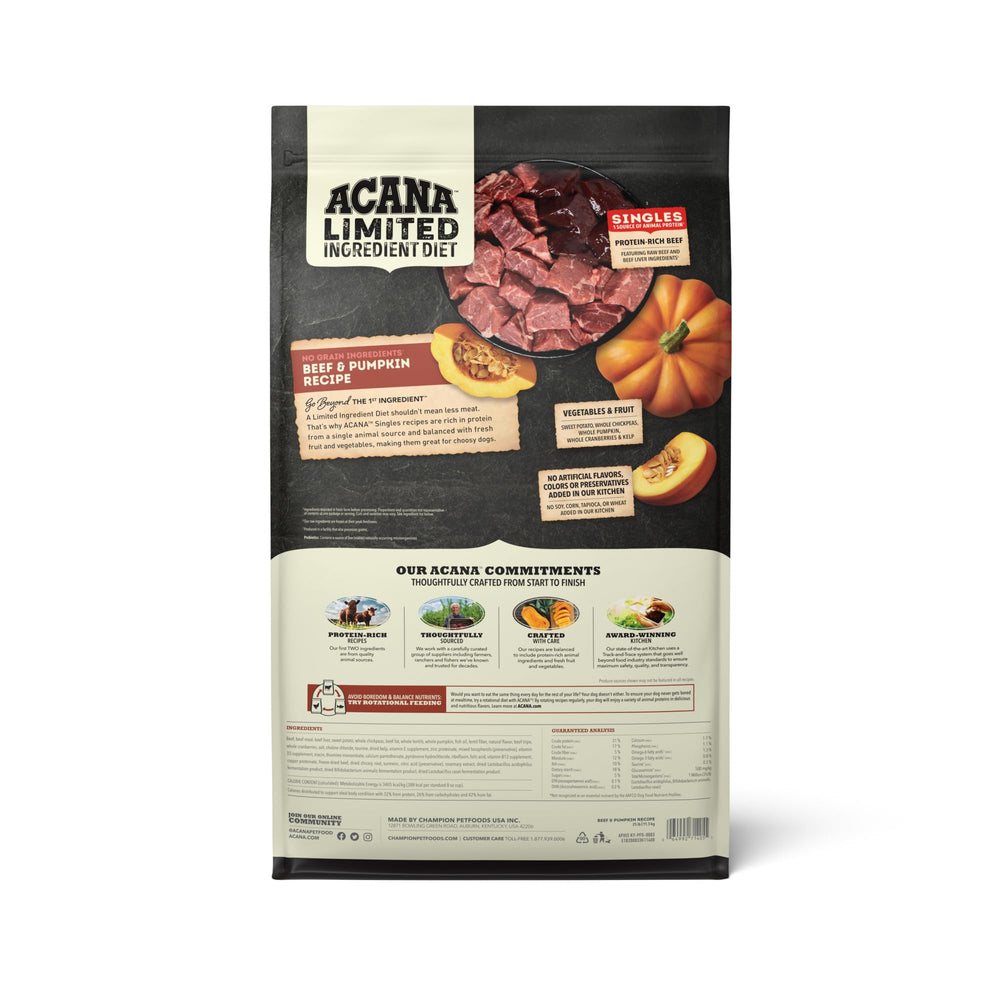ACANA Singles beef kibble closeup highlights protein-rich formula with 65% beef.
