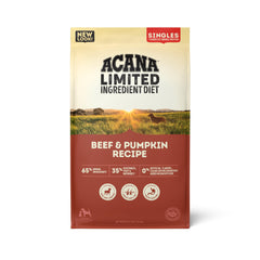 ACANA Singles Beef and Pumpkin dry dog food bag shows grain-free nutrition.