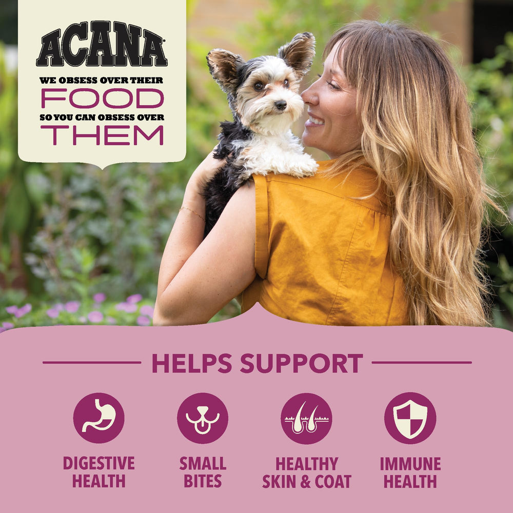 ACANA Small Breed dog bowl with kibble suggests a balanced meal for tiny mouths.