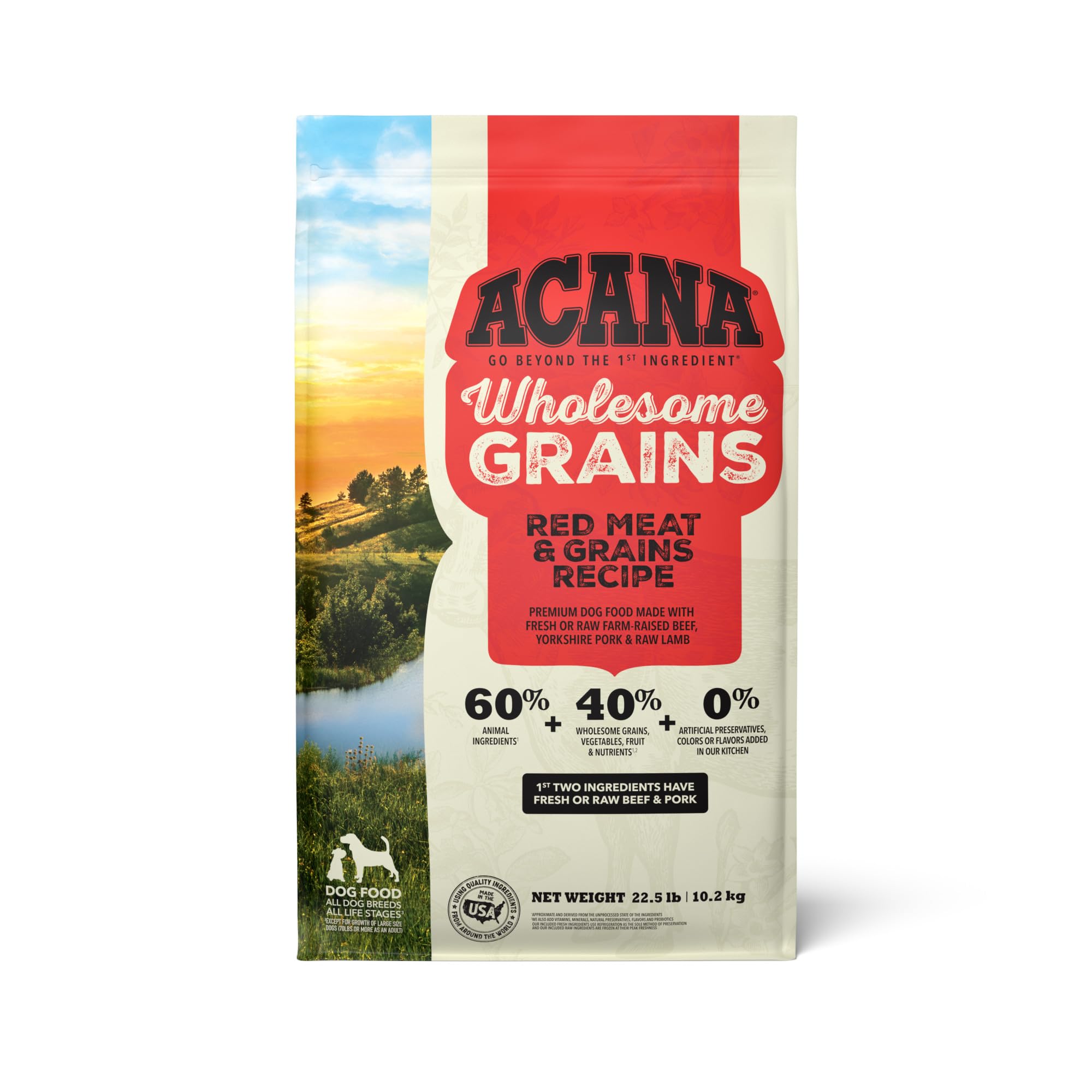 ACANA Wholesome Grains bag showing red meat proteins for balanced daily nutrition.
