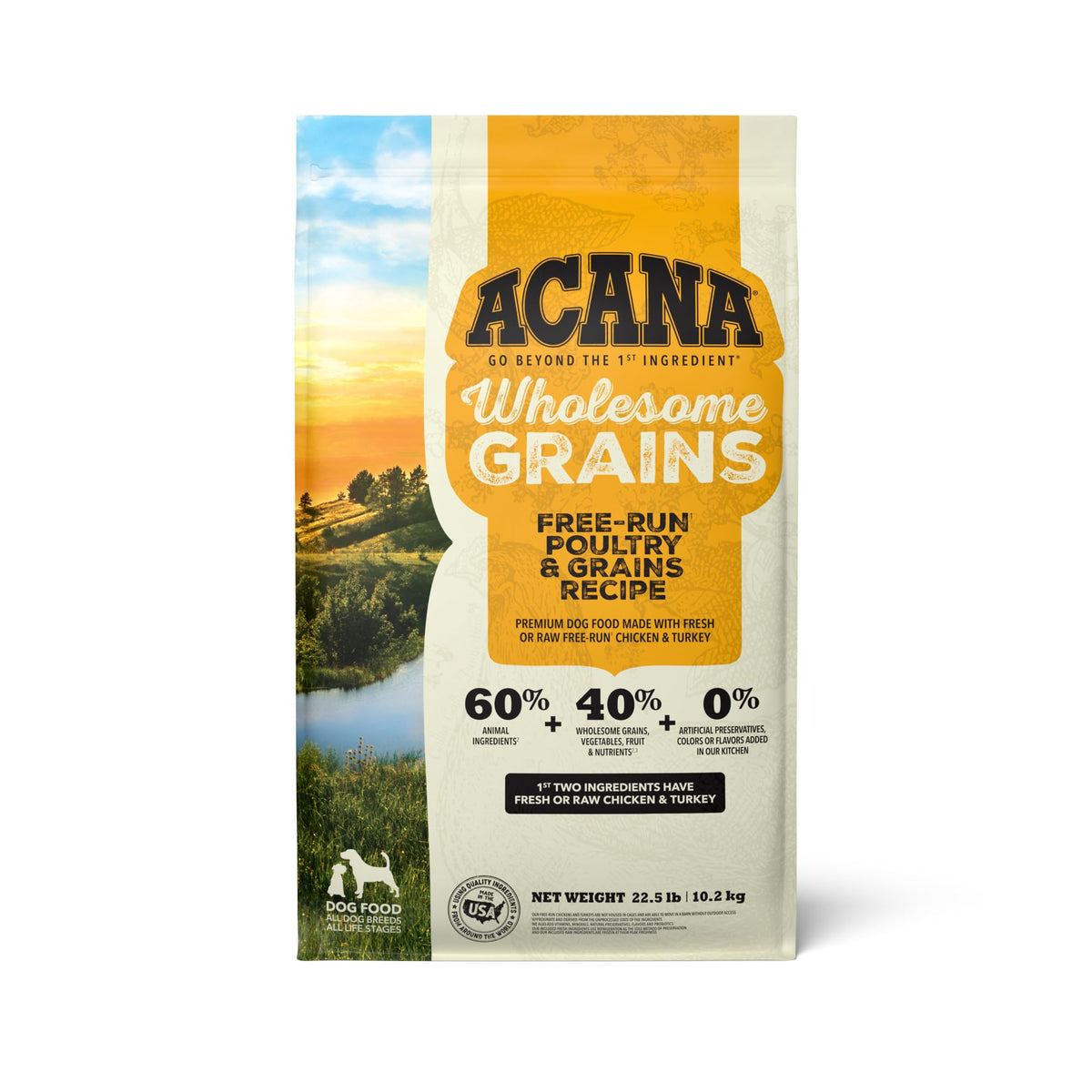 ACANA Wholesome Grains kibble in a bowl for balanced nutrition.