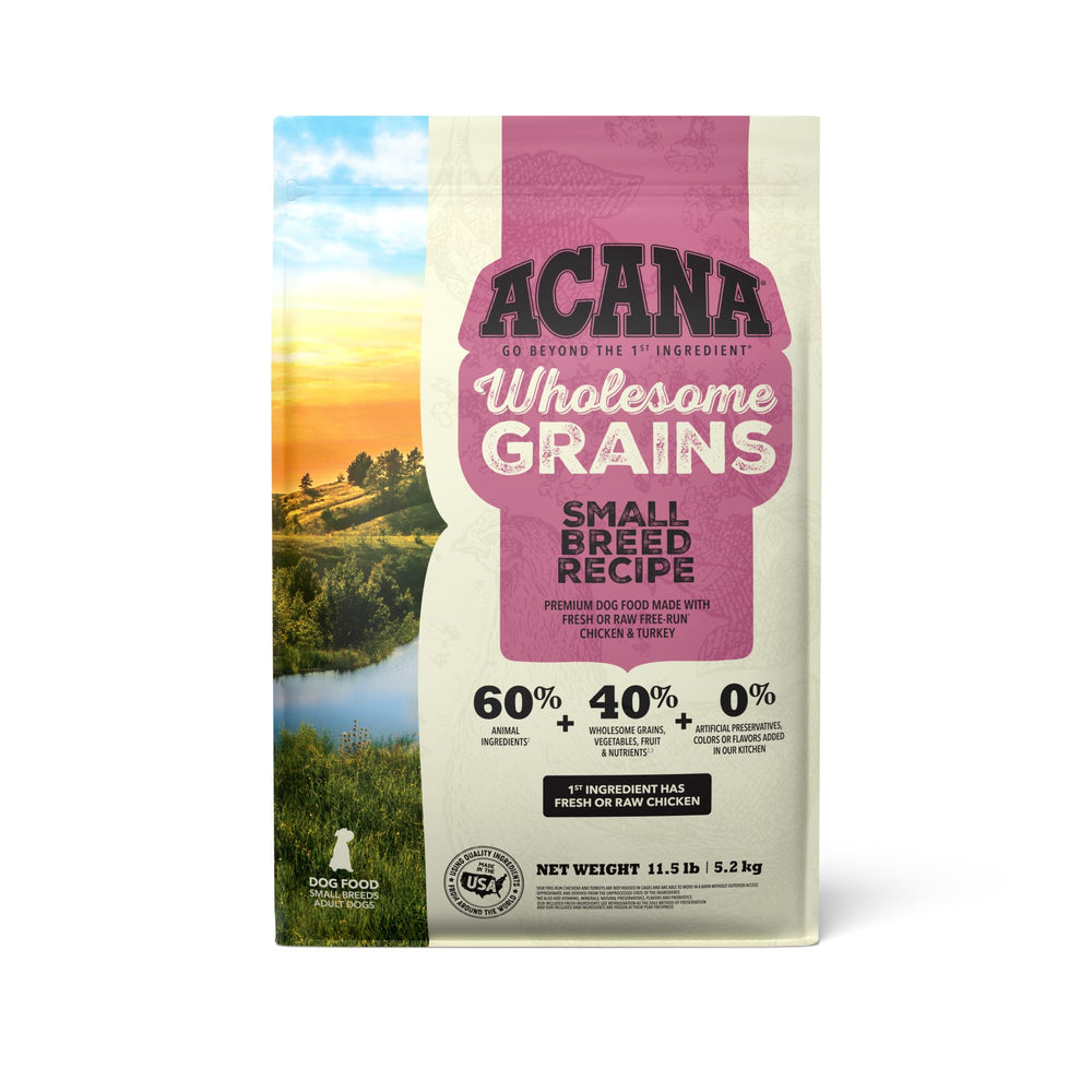 ACANA Wholesome Grains Small Breed bag shows high-protein kibble for small dogs.