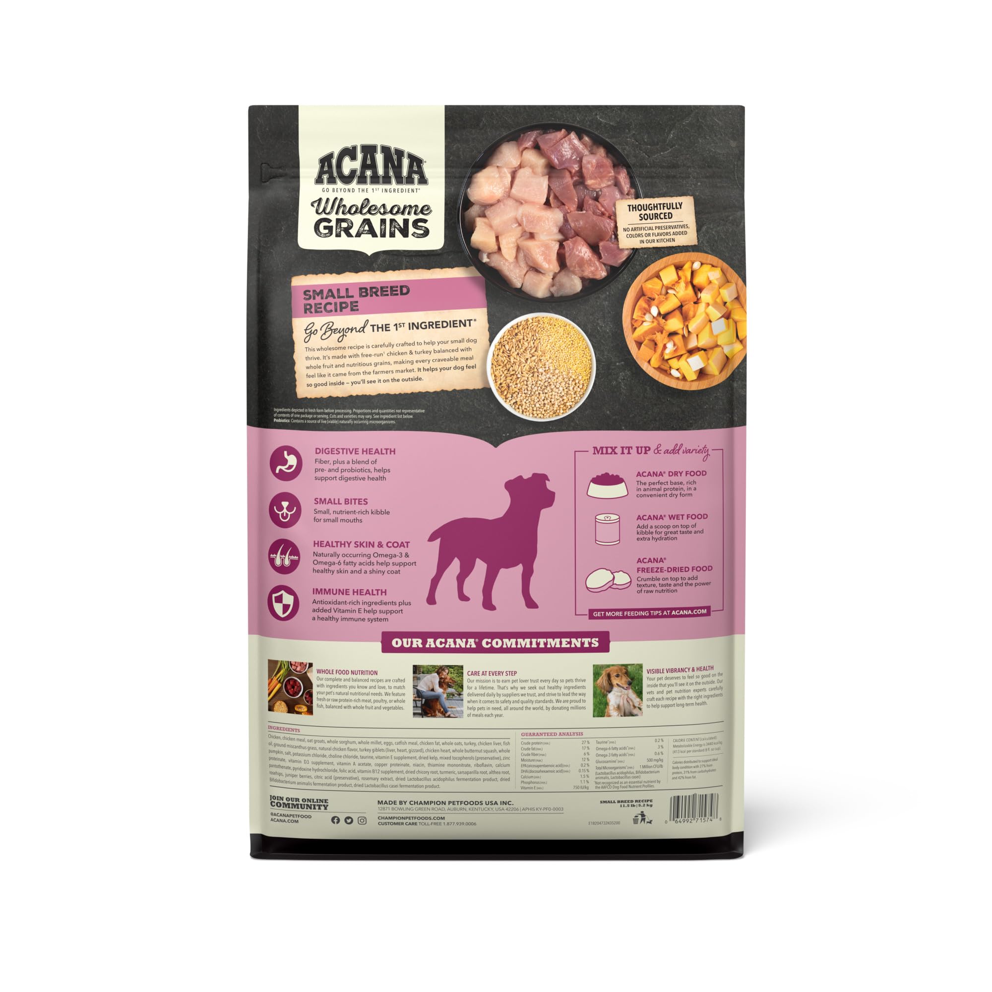 ACANA Wholesome Grains Small Breed kibble closeup highlights texture and quality.