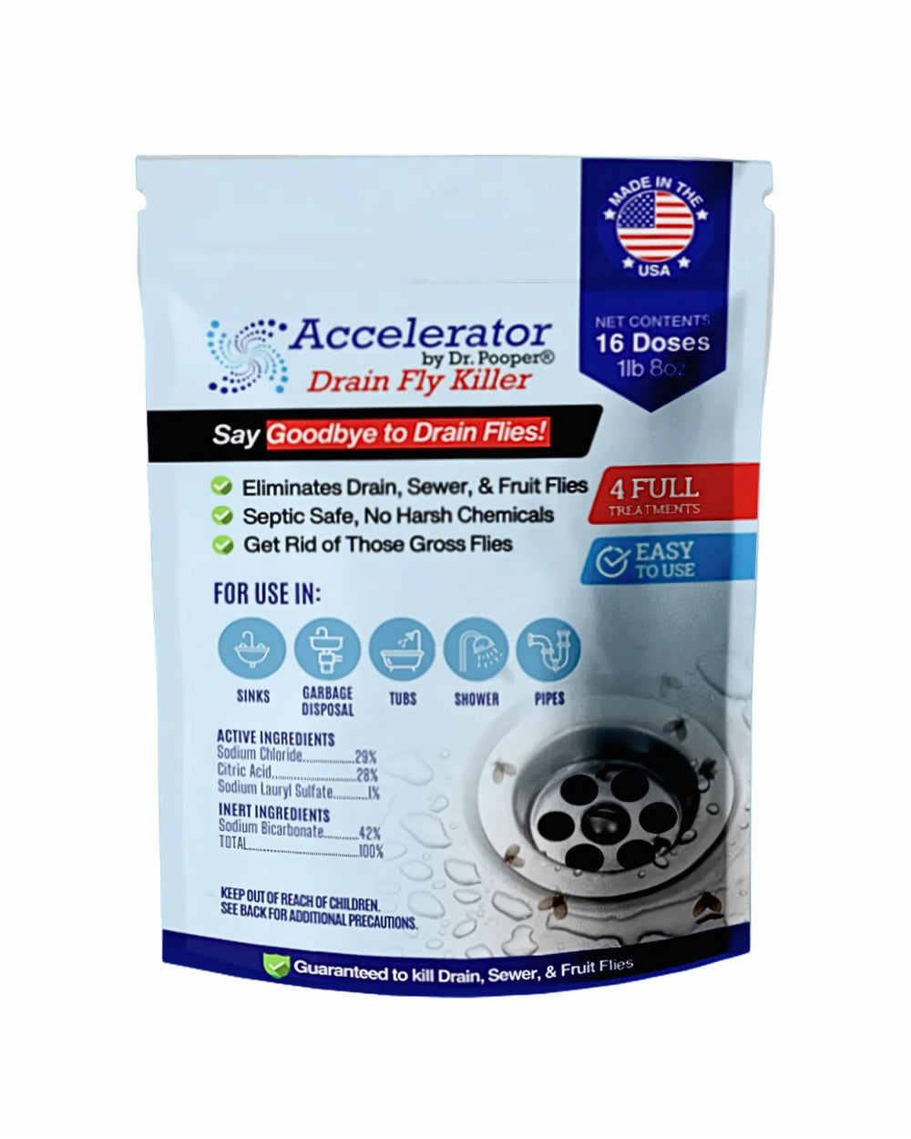 Accelerator by Dr. Pooper drain-fly powder bottle targeting pests in home drains