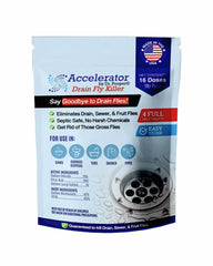 Accelerator by Dr. Pooper drain-fly powder bottle targeting pests in home drains