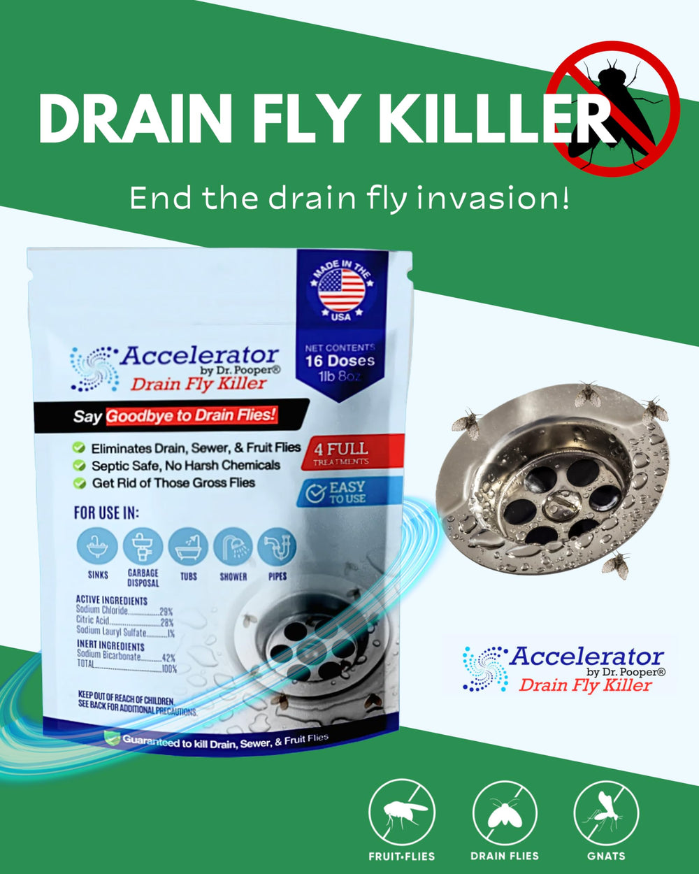 Accelerator by Dr. Pooper powder applied at sink drain for fast relief