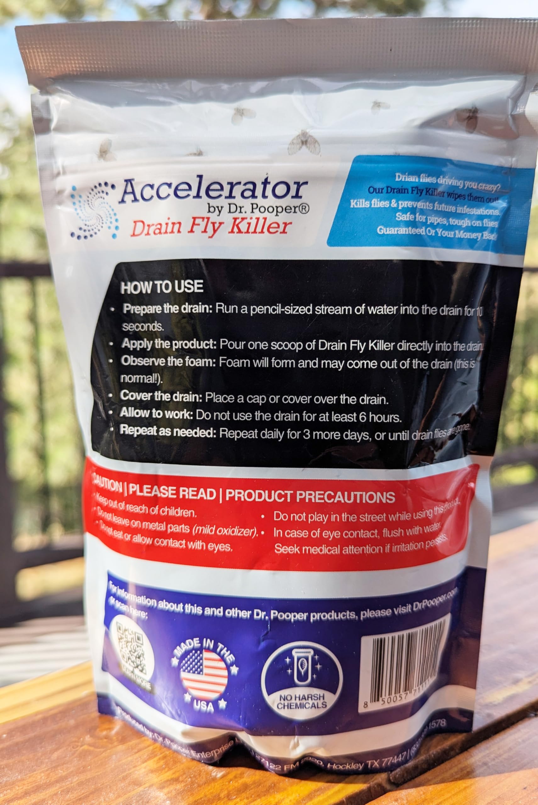 Accelerator by Dr. Pooper US-made safety label on box