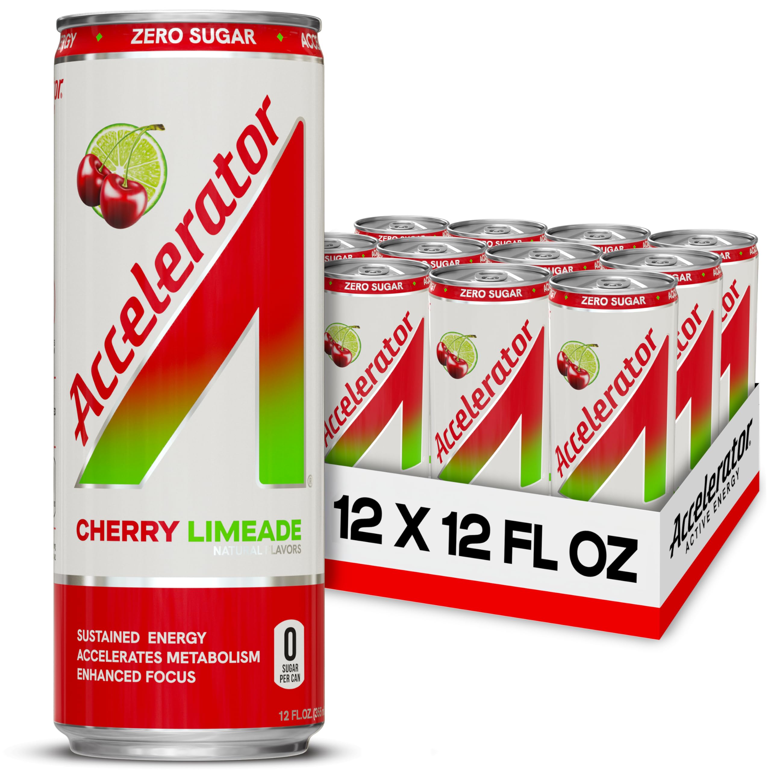 Accelerator Cherry Limeade can front view highlighting zero sugar and clean energy