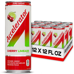 Accelerator Cherry Limeade can front view highlighting zero sugar and clean energy