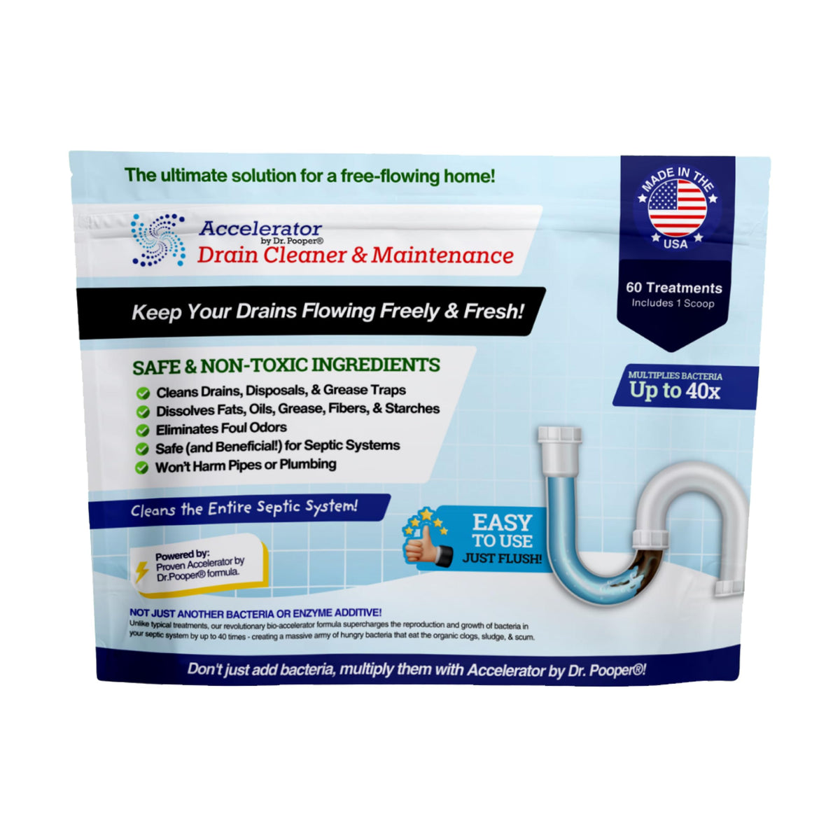 Accelerator by Dr. Pooper powder poured into a kitchen drain for smoother flow and odor control.