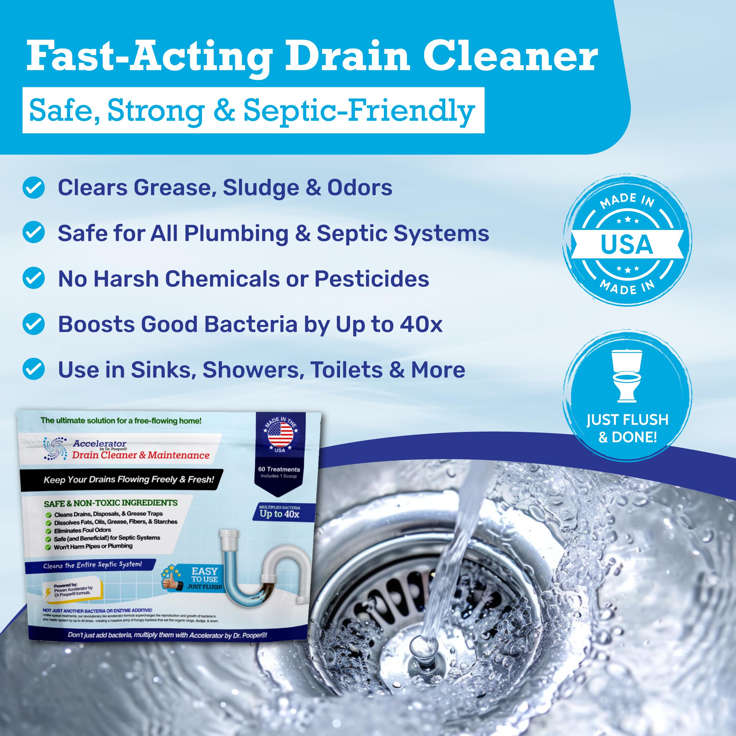 Scoop included demonstrates an easy maintenance routine with Accelerator by Dr. Pooper.
