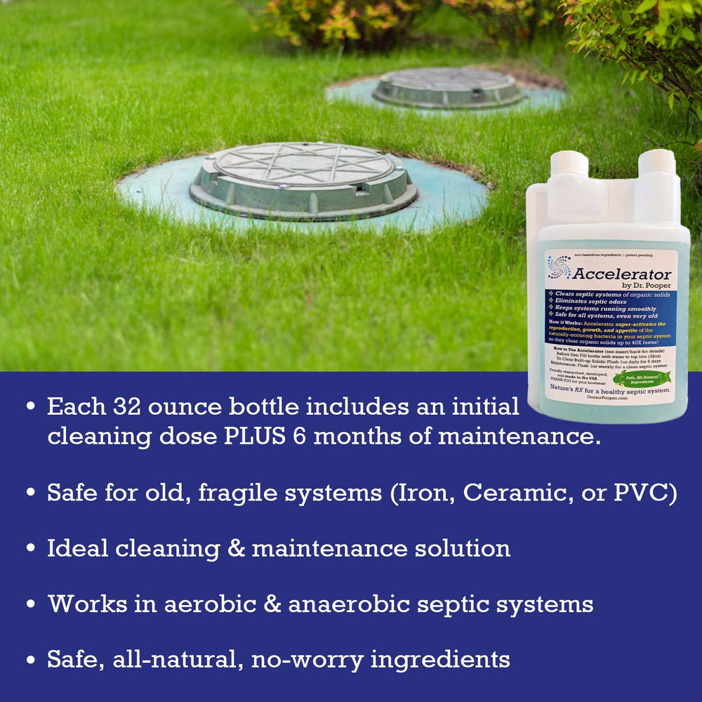 Accelerator by Dr. Pooper-odor-elimination-graphic highlights reduced smells around plumbing and yard.