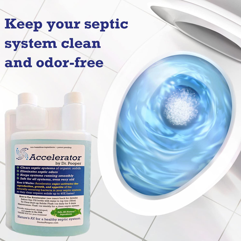 Accelerator by Dr. Pooper septic-tank-treatment-bottle-label shows odor control potential for a fresher yard.