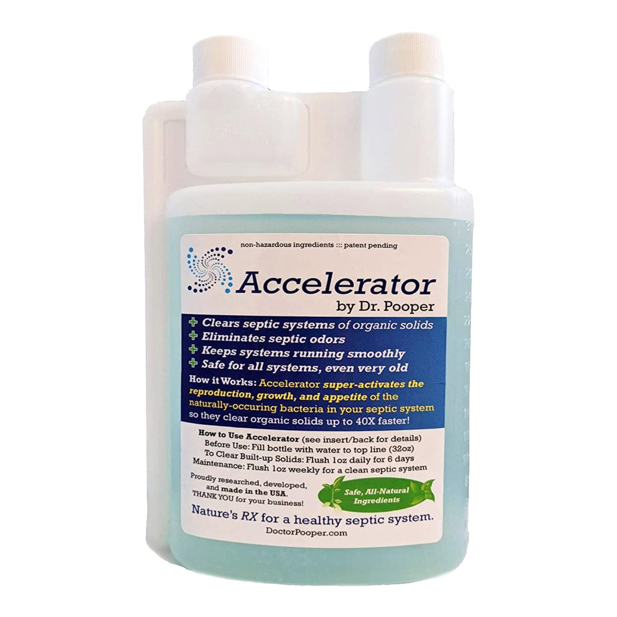 Accelerator by Dr. Pooper bottle pour demonstrates quick start of septic bacteria growth for faster cleaning.