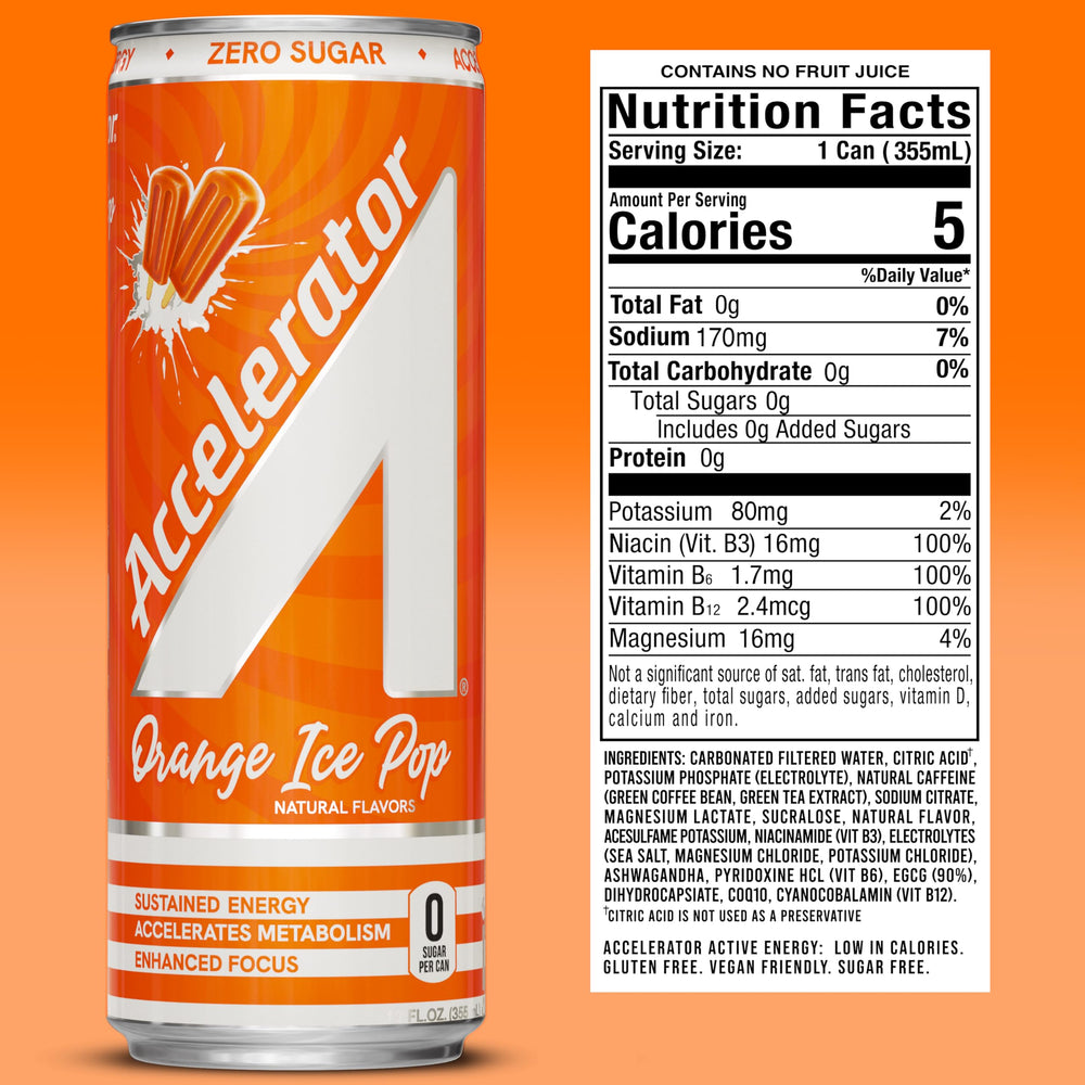 ACCELERATOR graphic highlights natural caffeine from green coffee bean and green tea