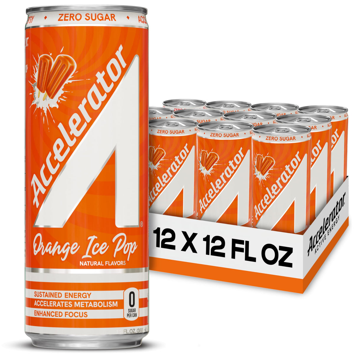 ACCELERATOR Orange Ice Pop can front label showing zero sugar