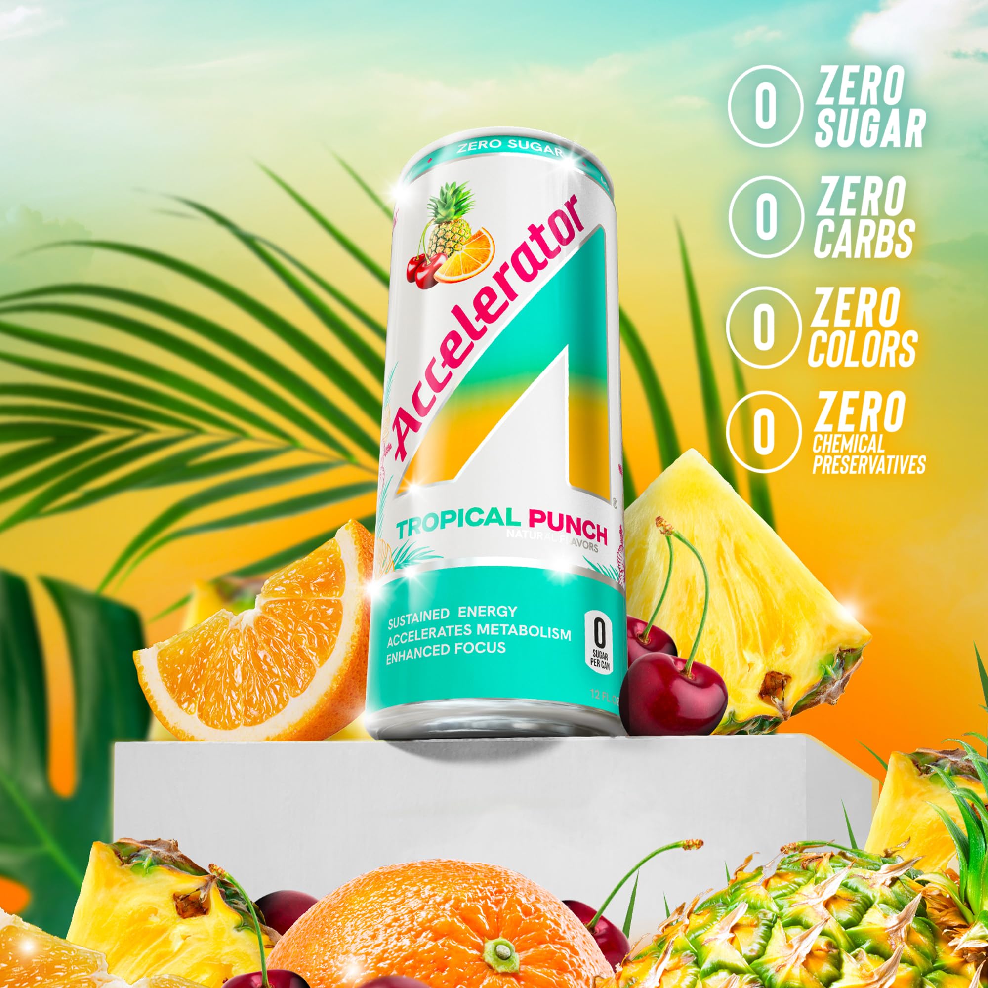 ACCELERATOR Tropical Punch closeup label highlights zero sugar and natural caffeine sources.