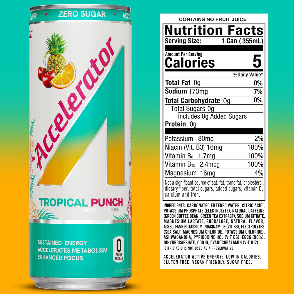 ACCELERATOR Tropical Punch pour into glass shows quick refreshment and focus support.