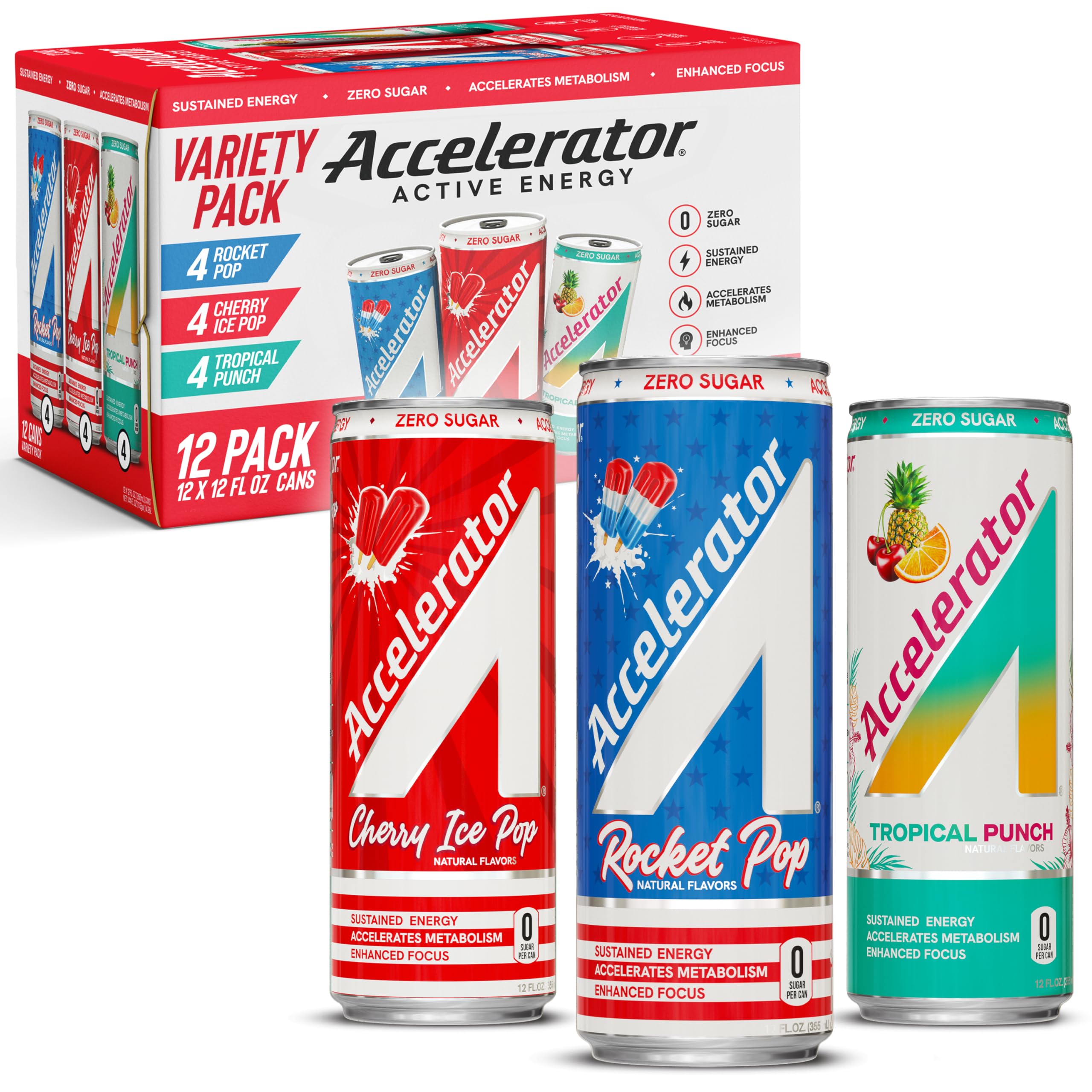 Accelerator Energy Drink variety pack cans featuring Rocket Pop flavor for on-the-go energy and focus.