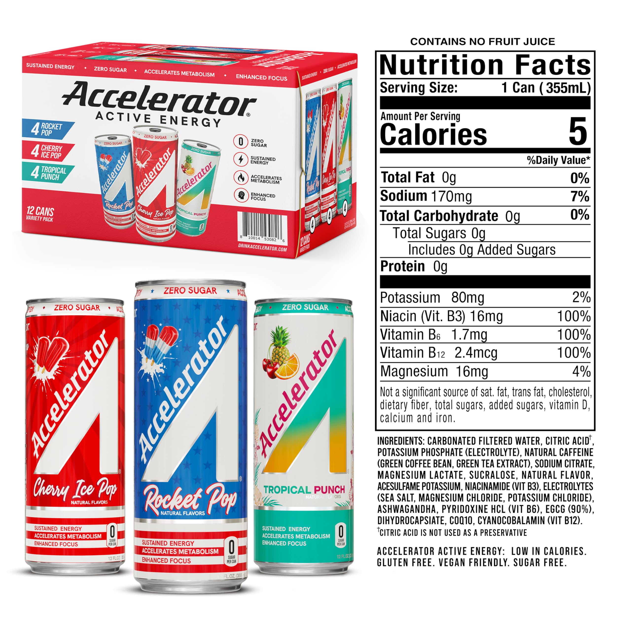 Accelerator Energy Drink Cherry Ice Pop can with zero sugar and steady energy for workouts.