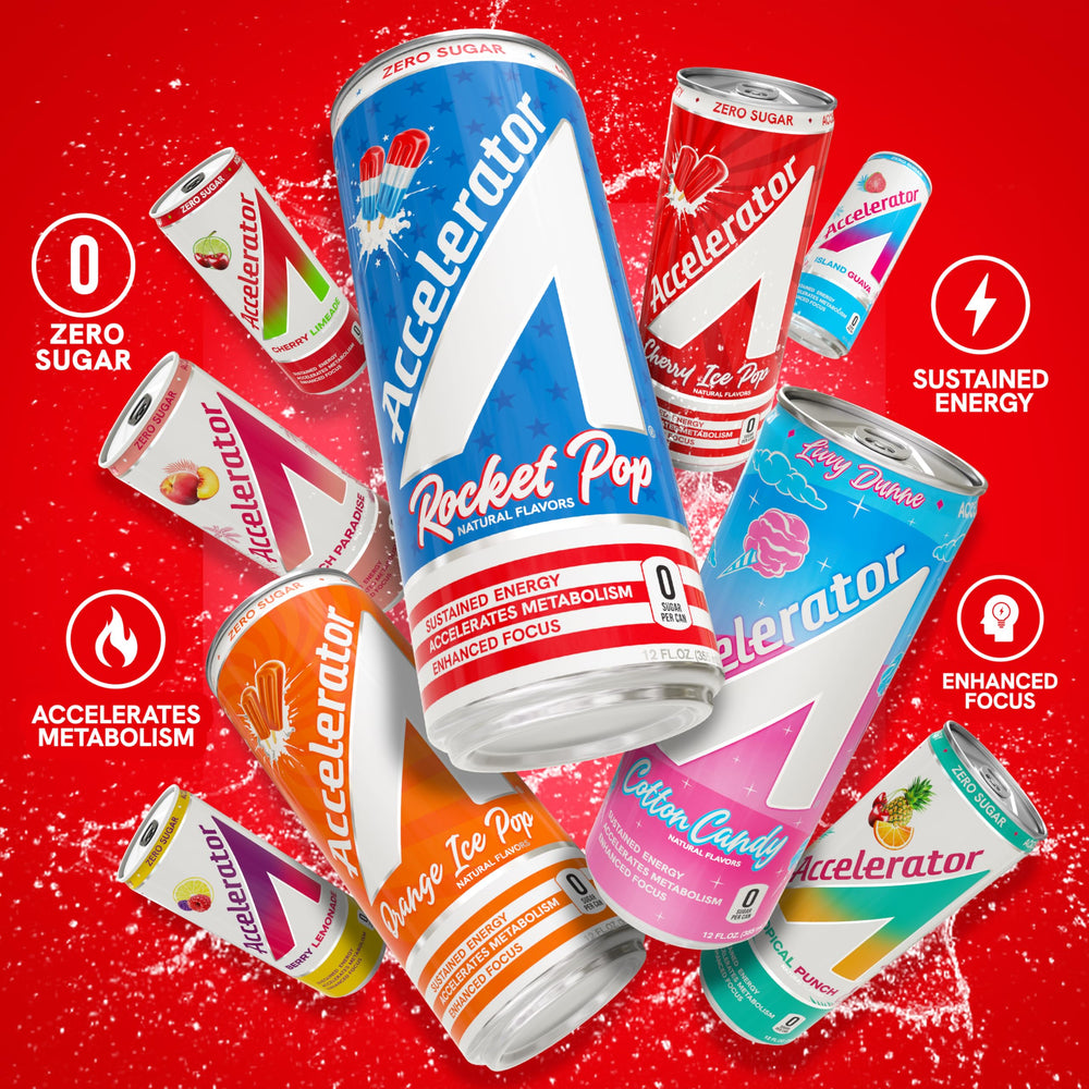 Accelerator zero sugar formula visual highlighting clean energy ingredients.