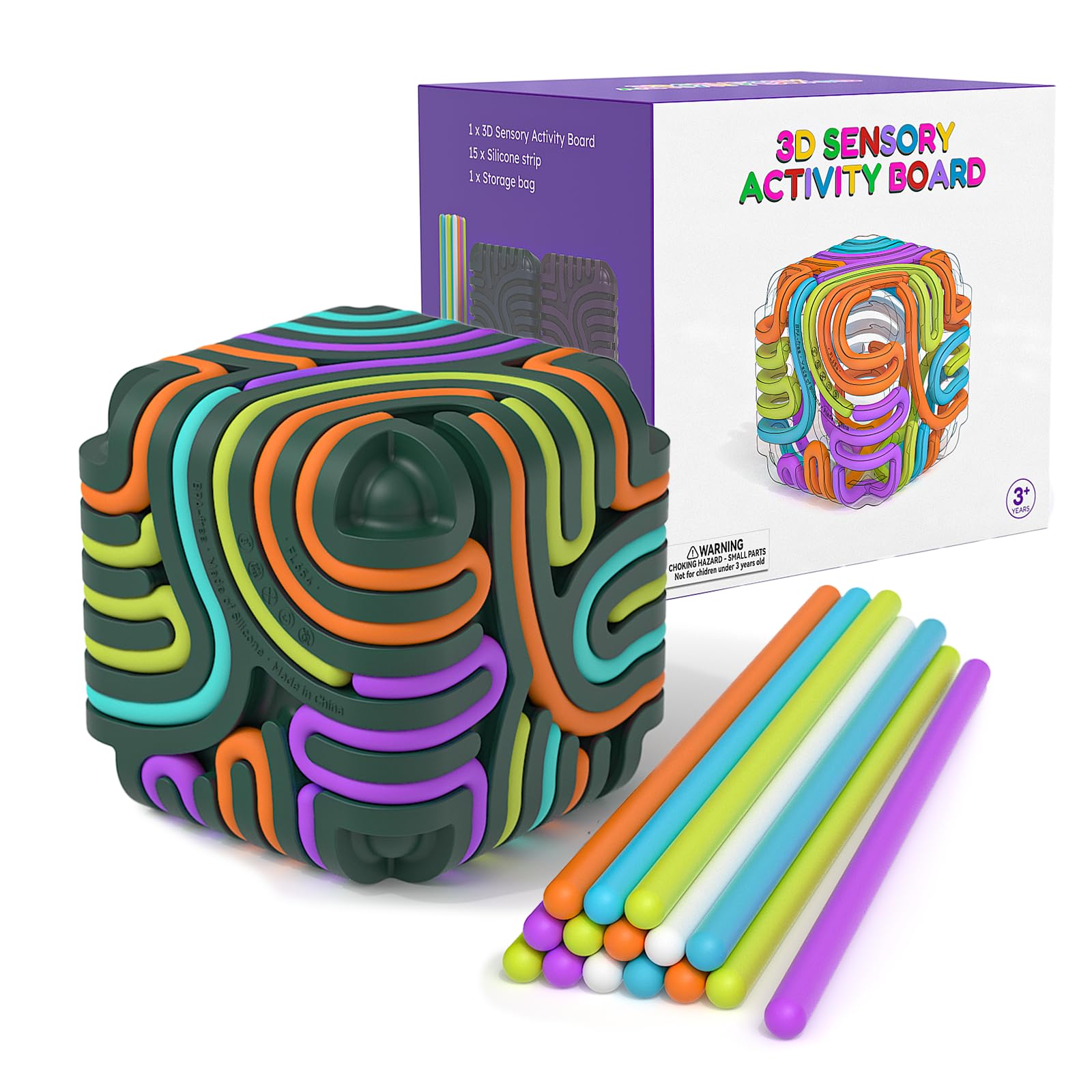 Accevo 3D Sensory Activity Board front view showcases colorfully flexible silicone cube for stress relief.