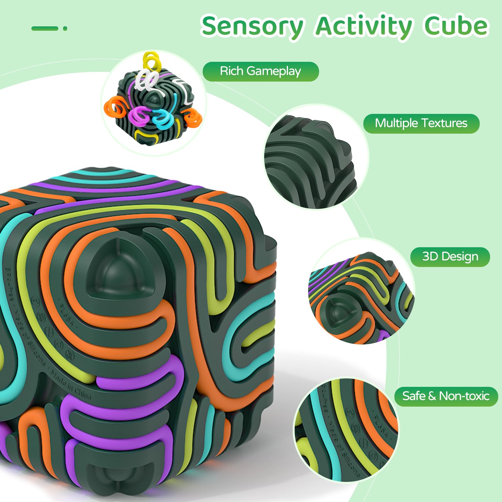 Accevo 3D Sensory Activity Board silicone detail shows soft texture and durability for frequent use.