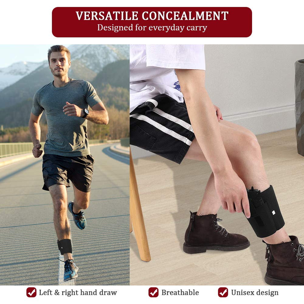 Flexible Accmor ankle holster adaptable to universal pistol sizes