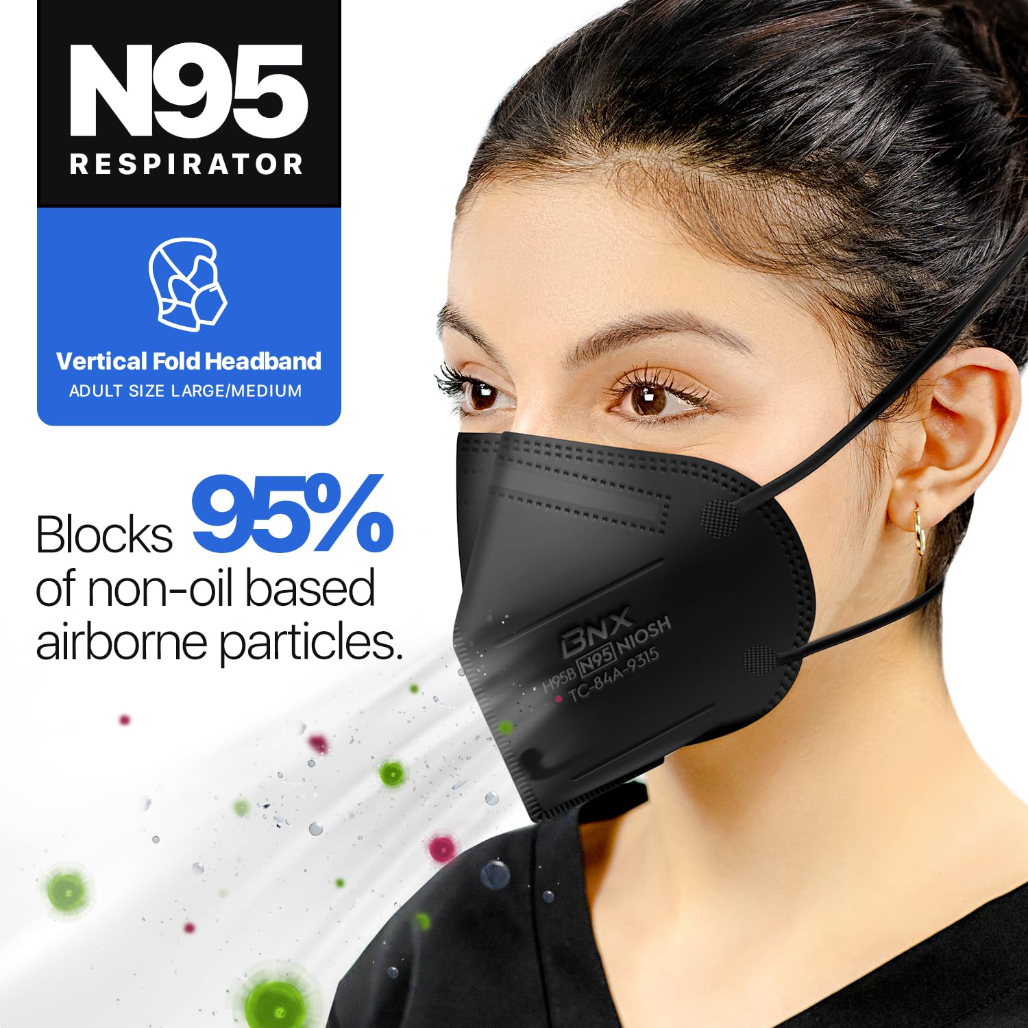 AccuMed BNX N95 mask black flat-fold design stores flat for portability.