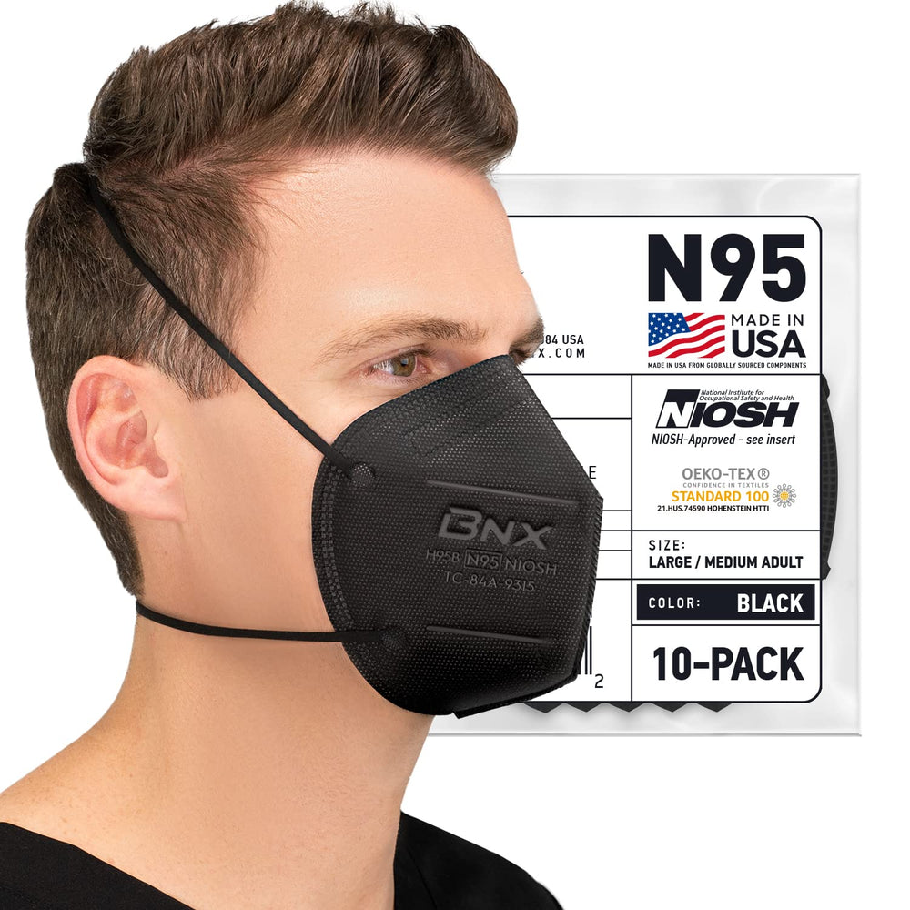 AccuMed BNX N95 mask black front view showing compact 3D design for easier speech.