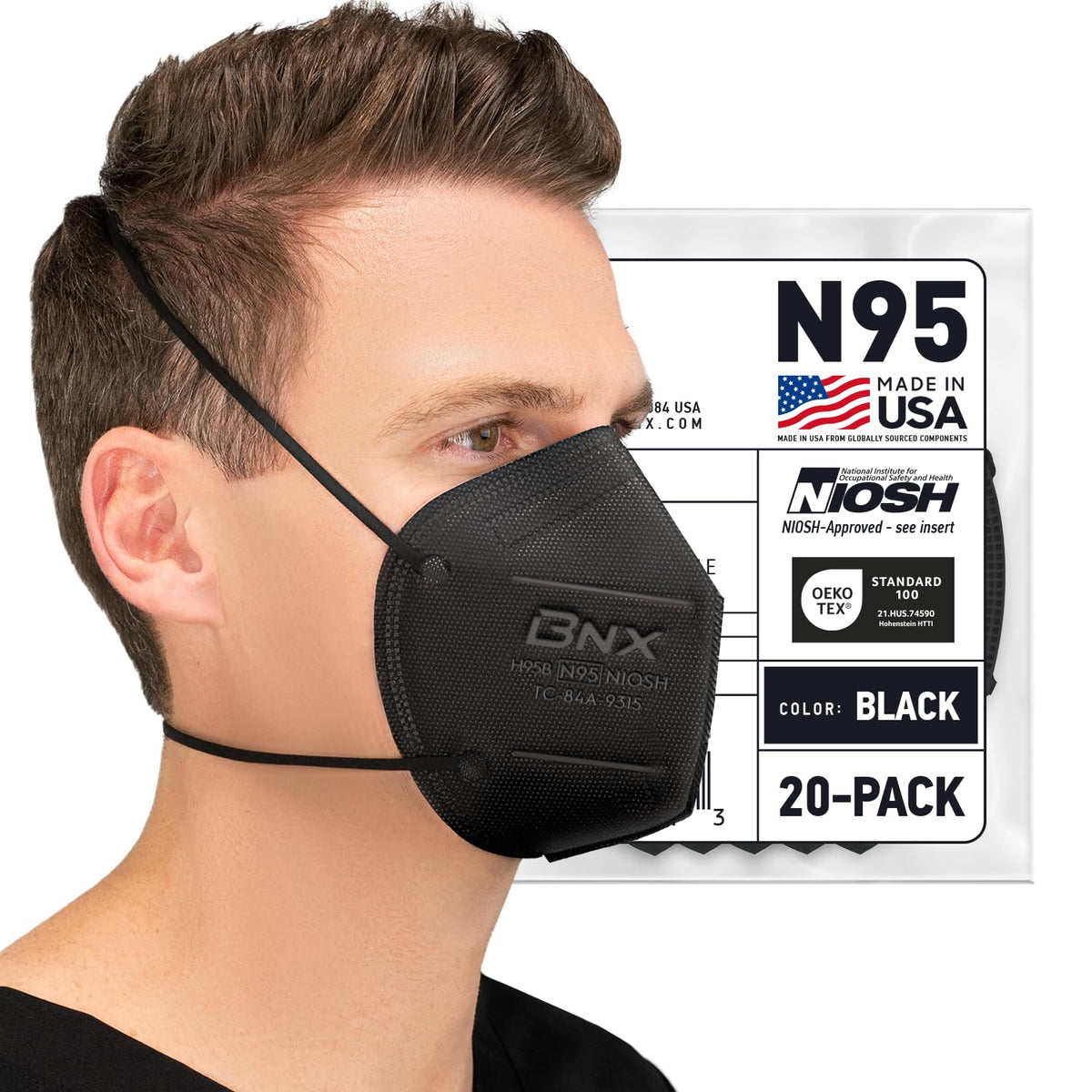 AccuMed BNX N95 mask black pack front view for reliable particle protection.