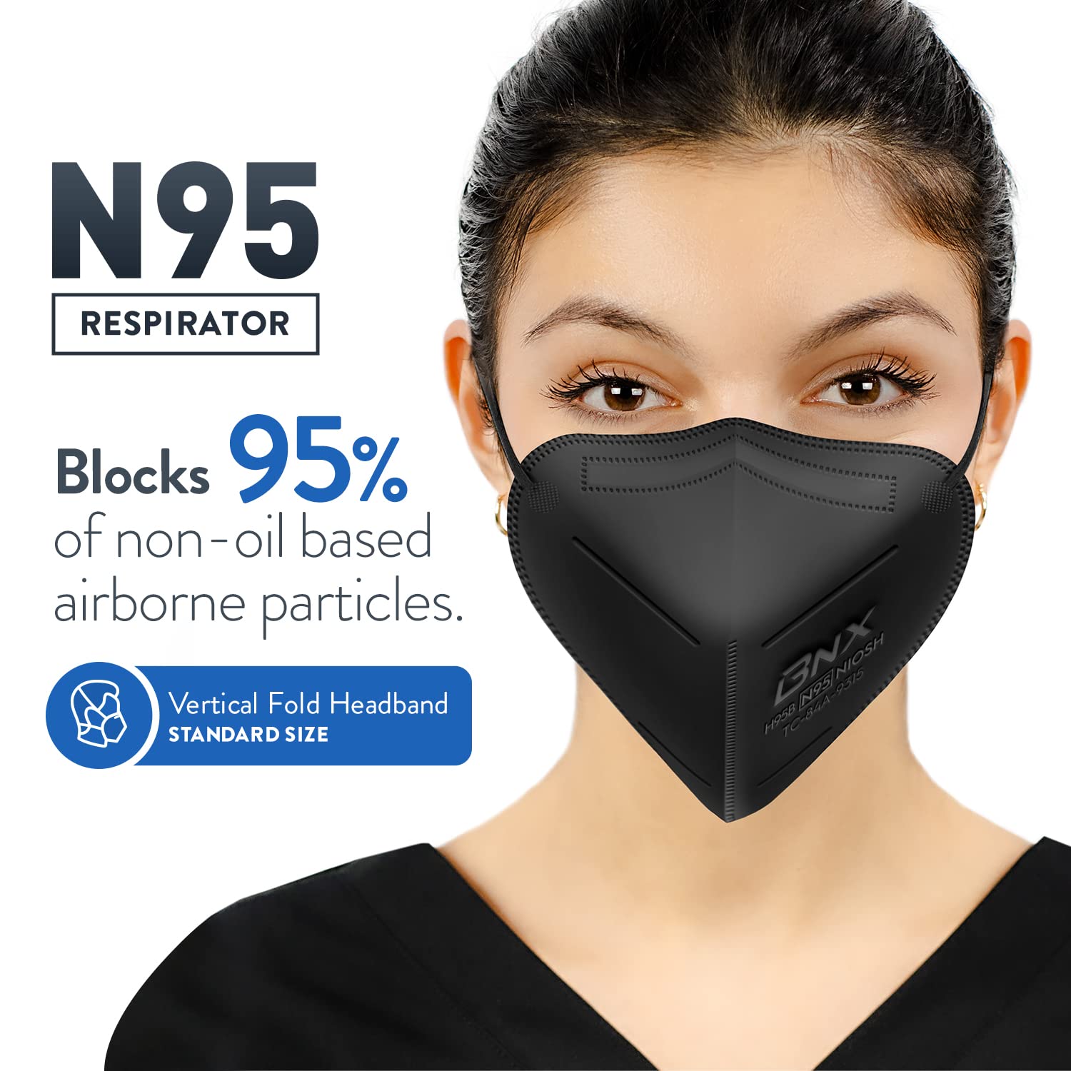 AccuMed BNX N95 mask black flat-fold packaging for storage.