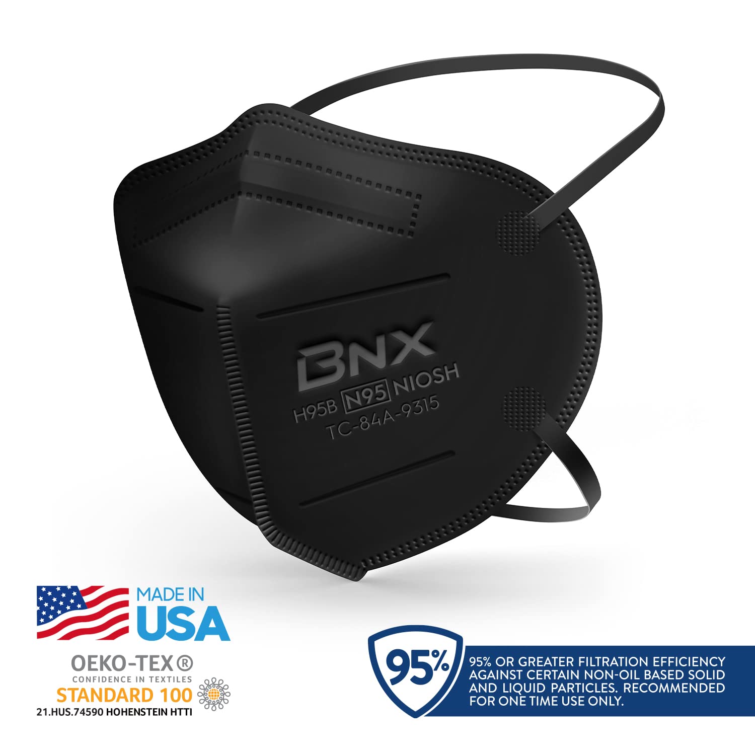 AccuMed BNX N95 mask black USA-made label indicating origin.