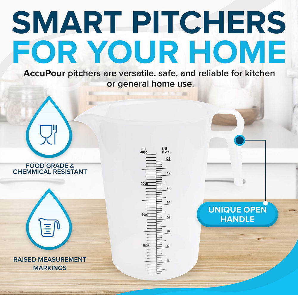 ACCUPOUR 32oz measuring pitcher with ergonomic handle for comfortable pours.