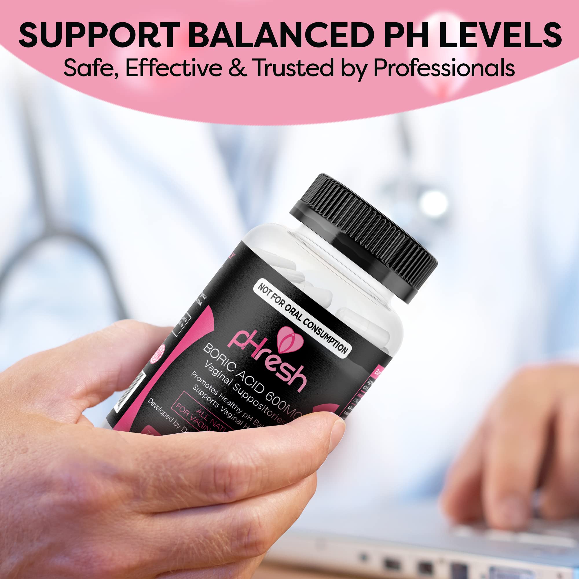 ACE NUTRITION pHresh boric acid suppositories ingredients list emphasizing natural care