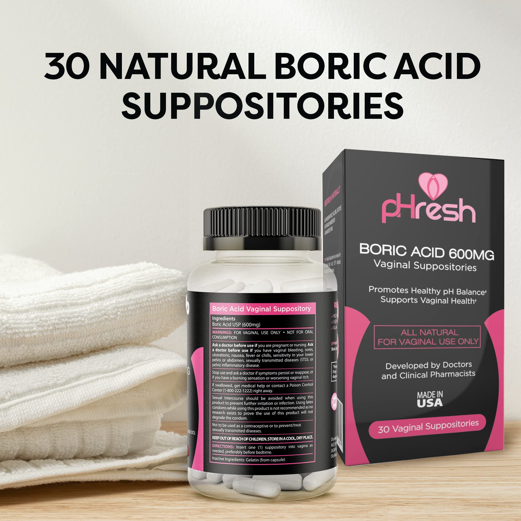ACE NUTRITION pHresh boric acid suppositories product image focusing on safe, oval-shaped suppositories