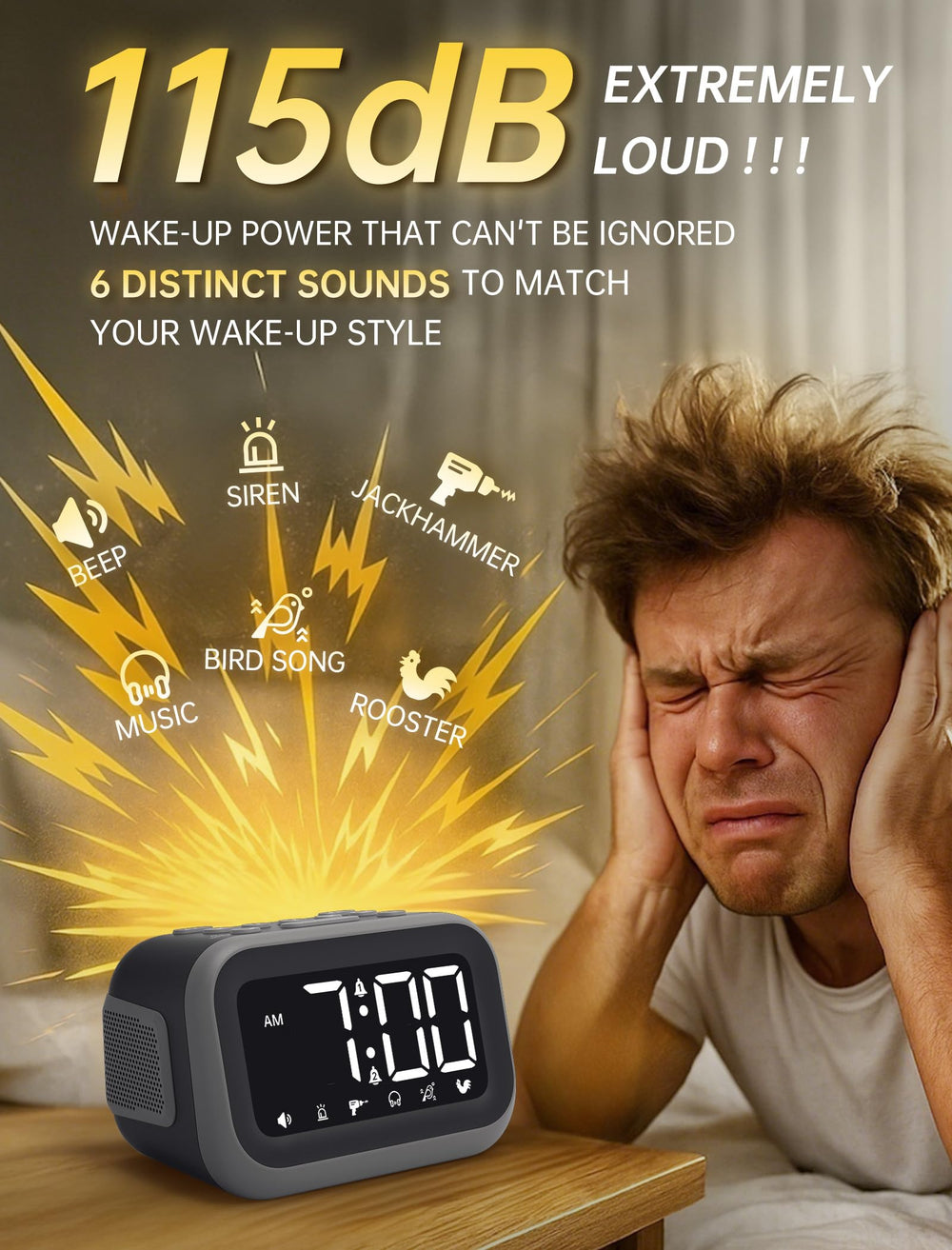Acedeck 115dB alarm clock dual alarms with clear display, ideal for synchronized wake-ups.