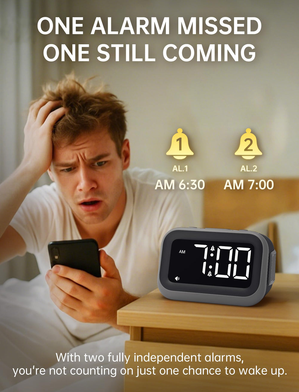 Acedeck alarm clock with 6 sounds offering customizable wake-up options.