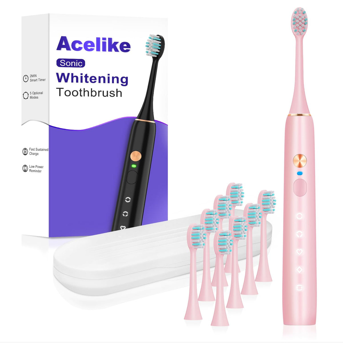 Acelike whitening electric toothbrush with pink handle delivering deep cleaning at home