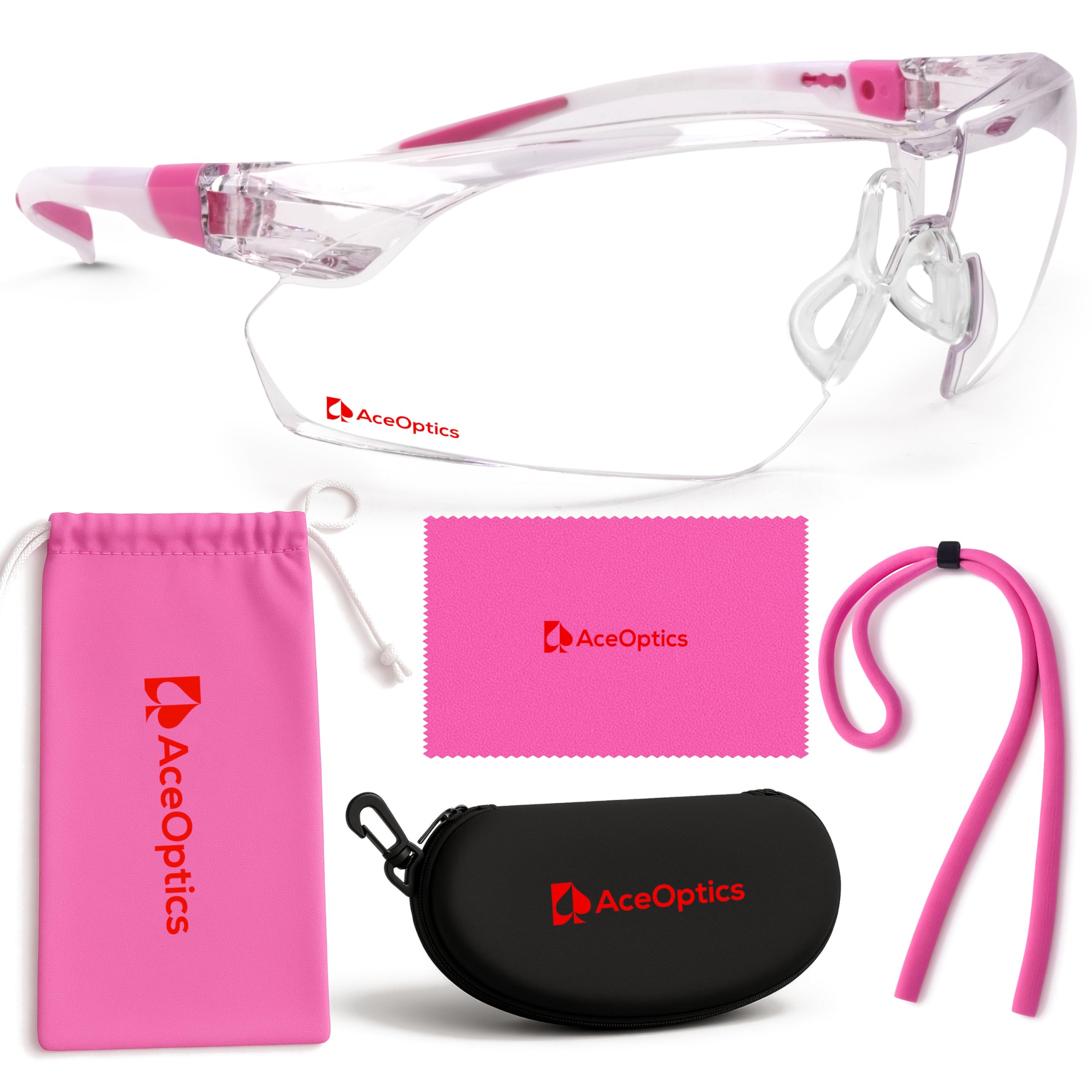 Aceoptics ANSI Z87 women's safety glasses pink clear frame for reliable protection.