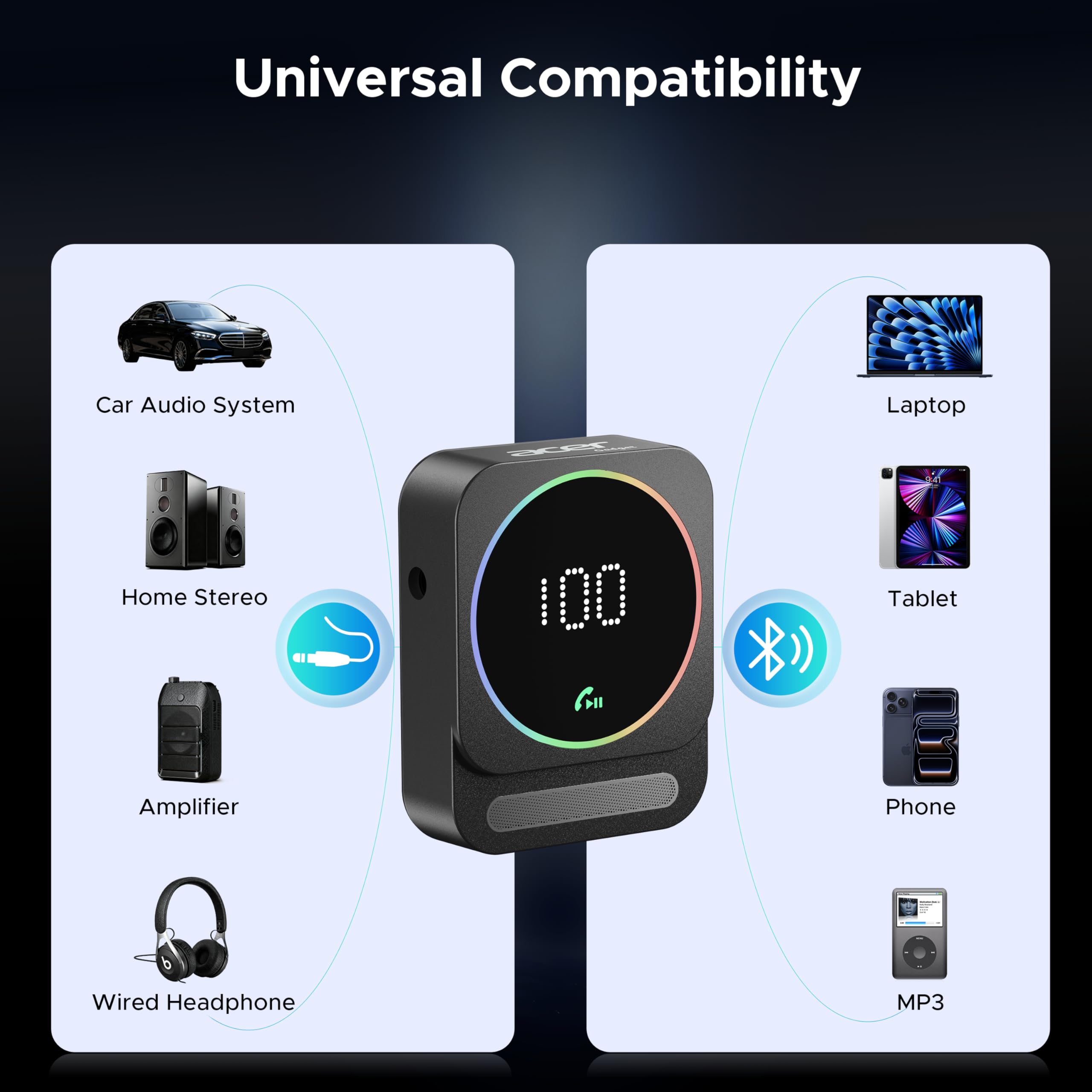 Acer Gadget Bluetooth receiver with auto-connect and dual pairing for easy switching.