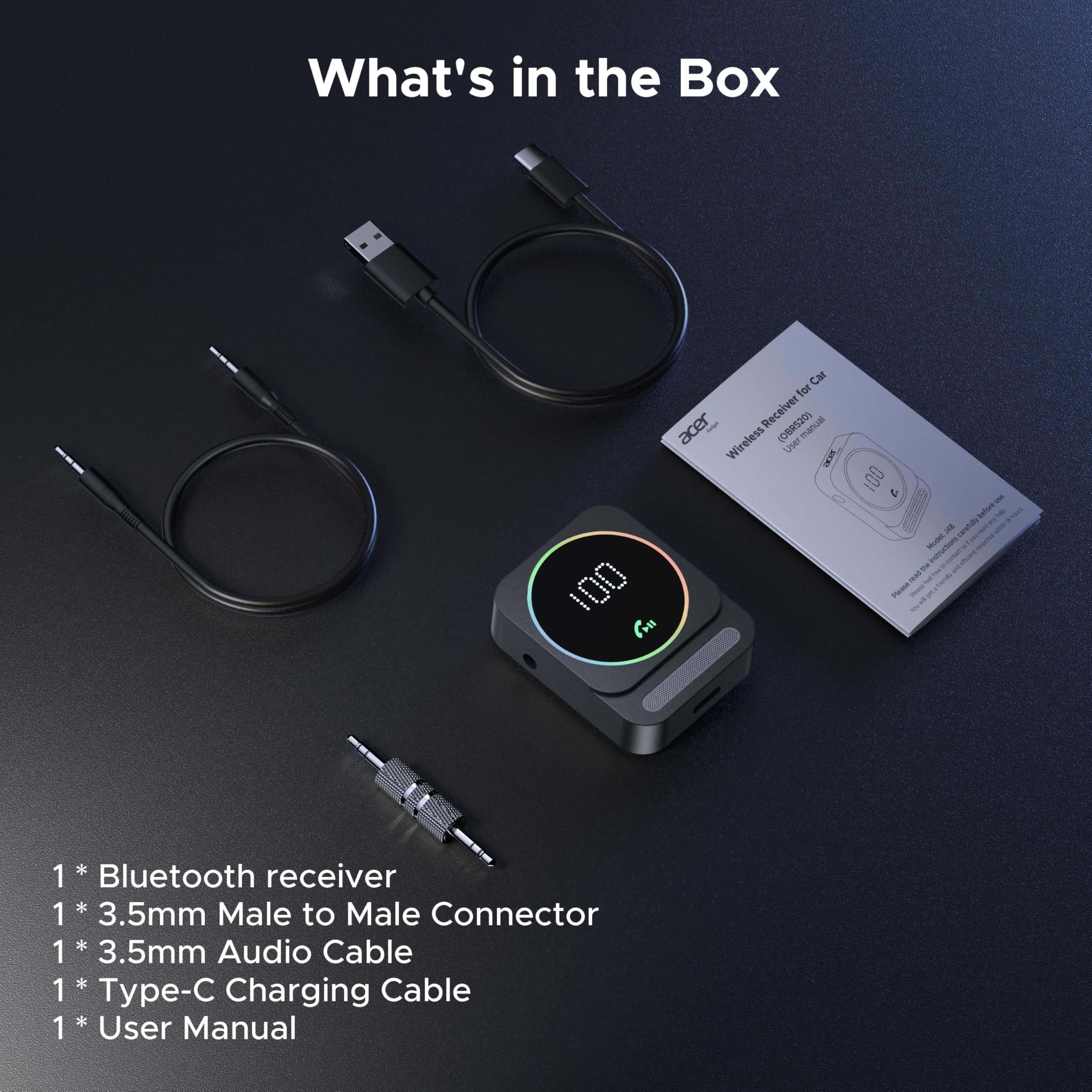Acer Gadget Bluetooth receiver kit including cables and quick guide for setup.