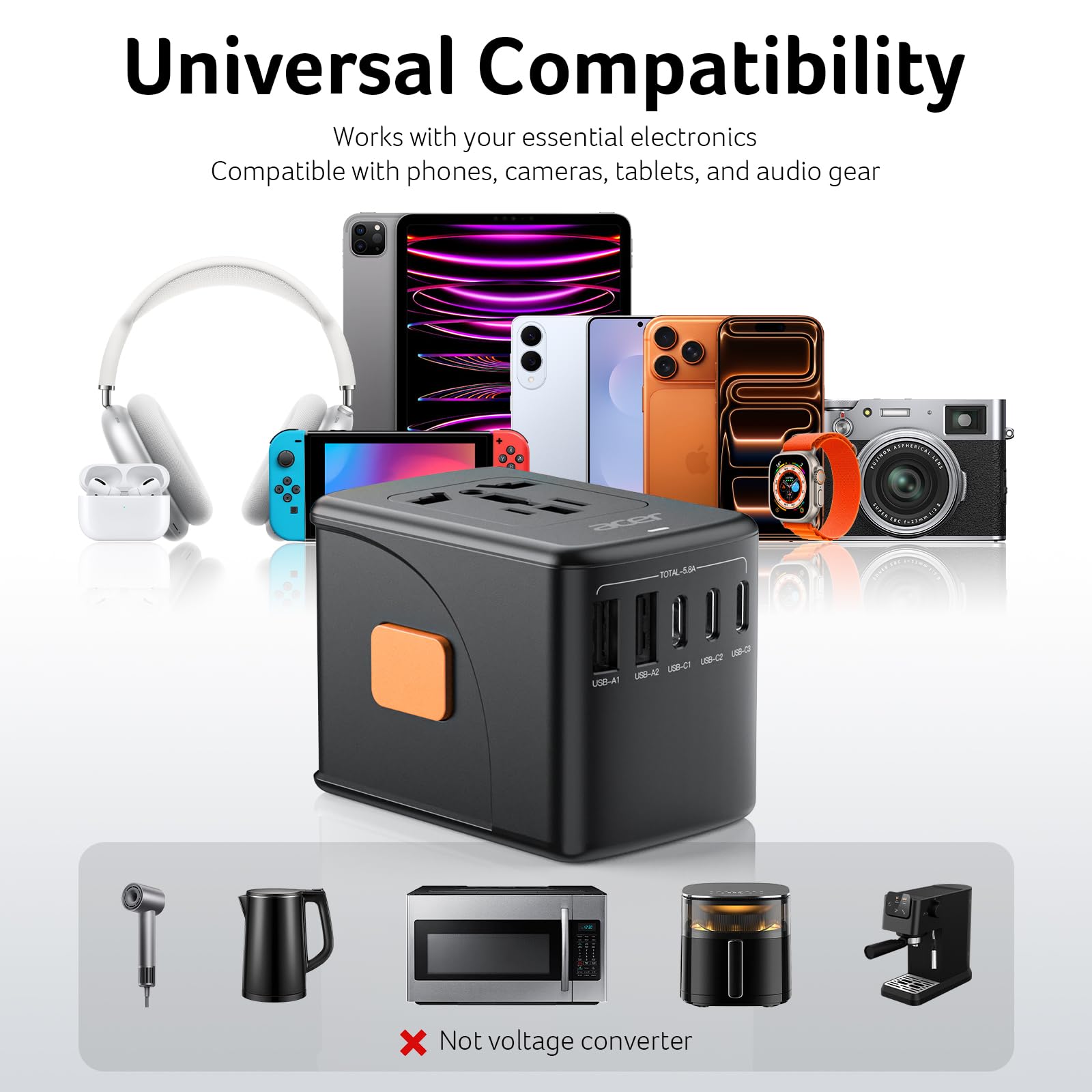 Acer travel adapter compact design suitable for easy packing.