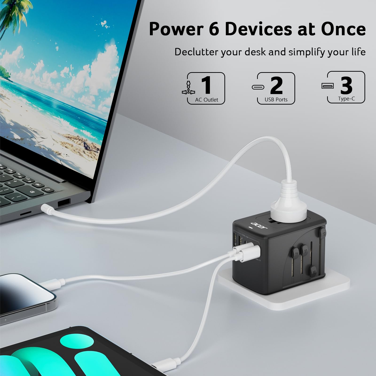 Acer universal travel plug adapter with US EU UK AU plugs for global connectivity.